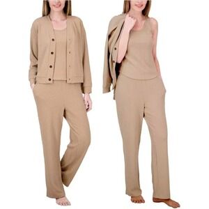Live 2 Lounge Women's 3-Piece Cable Knit Textured Lounge Set, Tan, Size XL